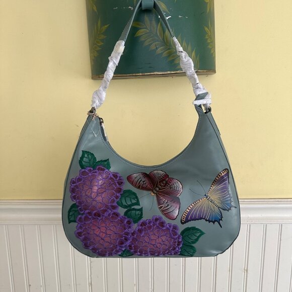 Anuschka Handbags - Hand-Painted Anuschka Leather Shoulder Bag With Butterfly & Hydrangea Design NWT